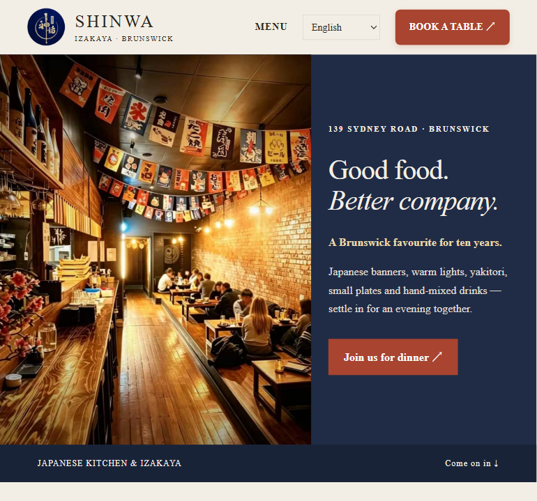 Shinwa Izakaya website
